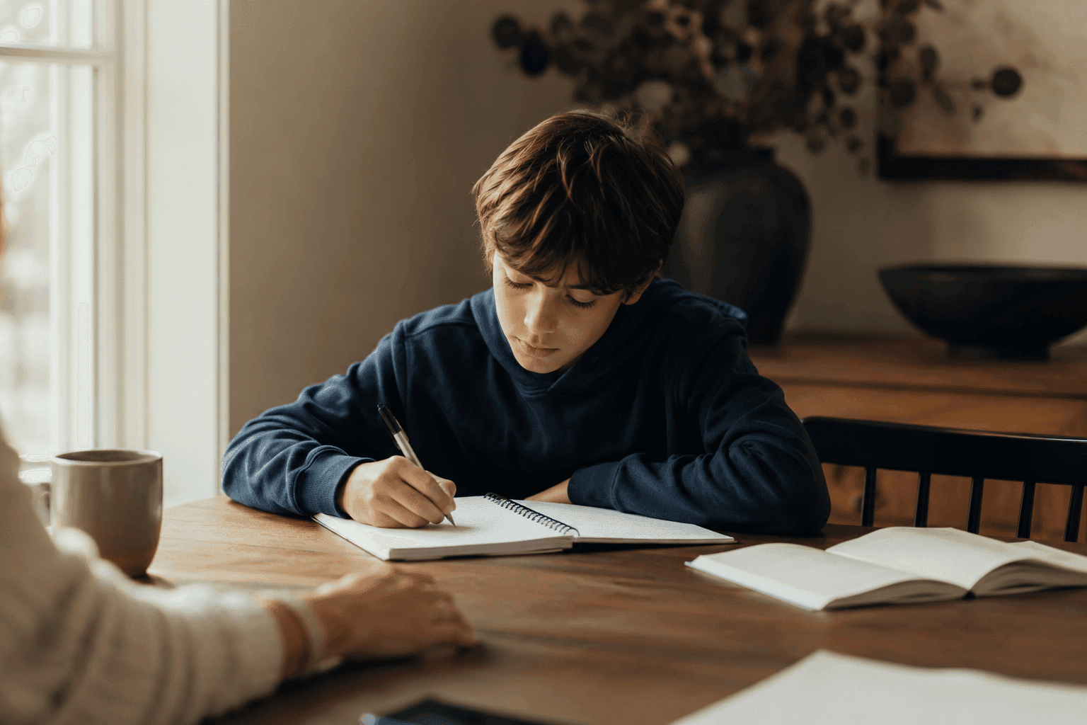 A tutor and student working together over a workbook